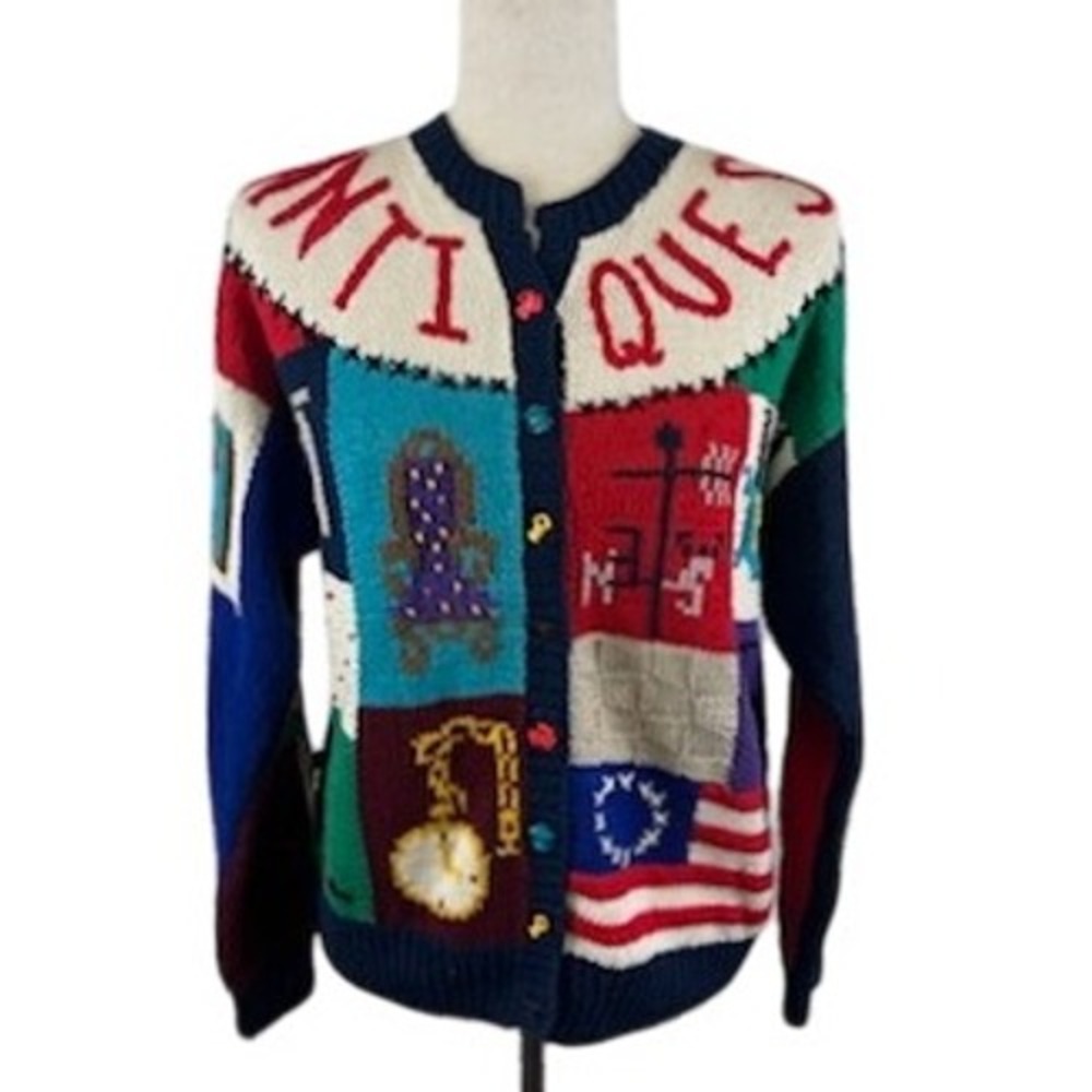 Vintage Belle Pointe Knit Cardigan Antiques Americana Sweater Women's Size Large